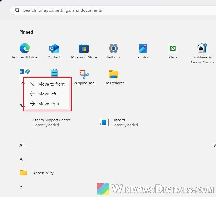 Pinned folder right-click menu with no Unpin option Windows 11