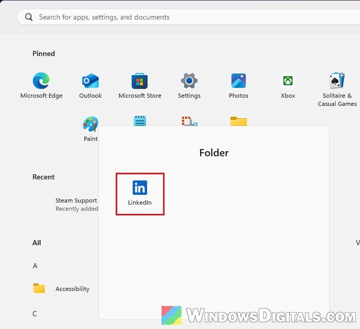 Pinned folder with only one app left Windows 11