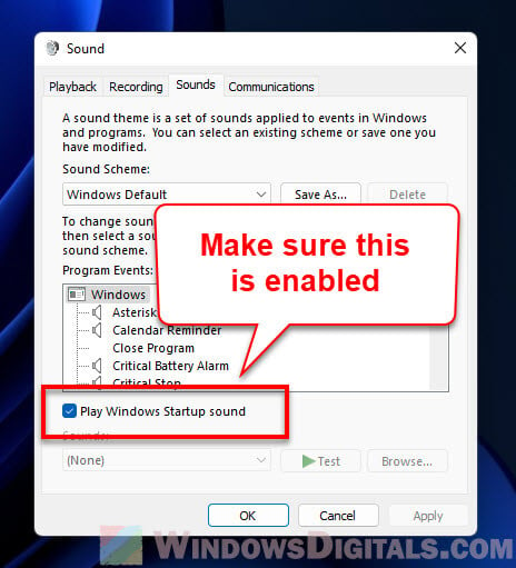 Play Windows Startup Sound option