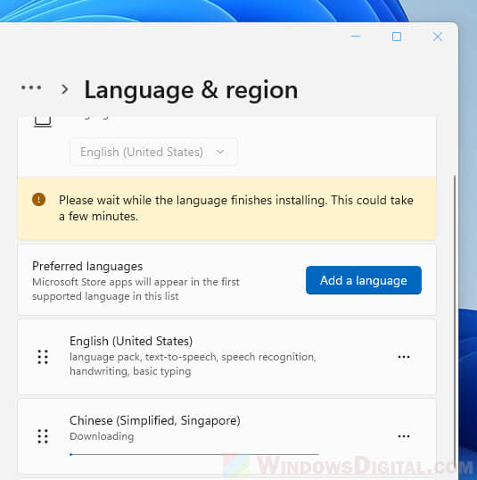 Please wait while the language finishes installing