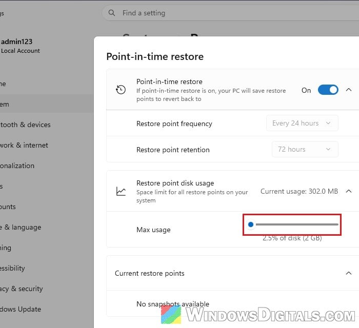 Point-in-time restore Max usage slider Windows 11