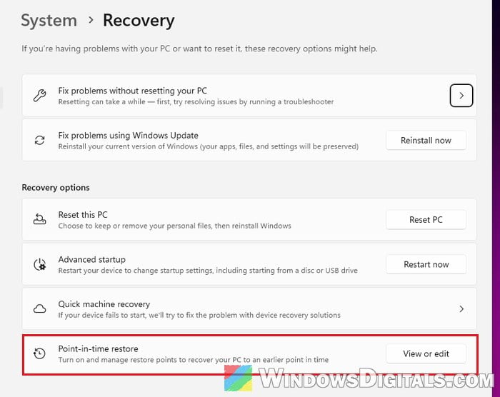 Point-in-time restore settings in Recovery Windows 11