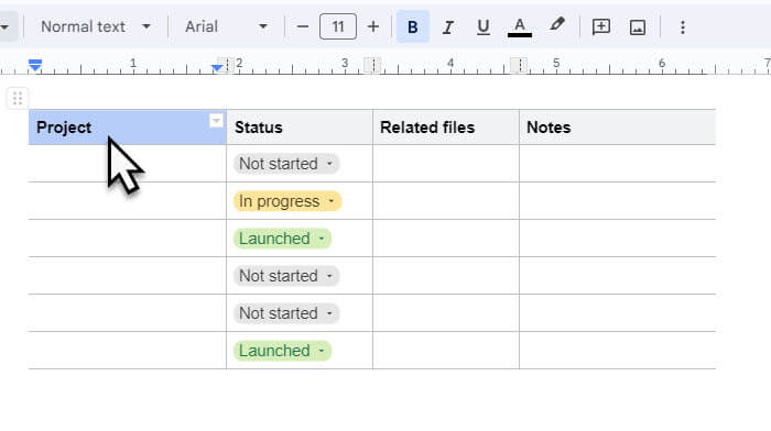 Position your cursor at the start of the table