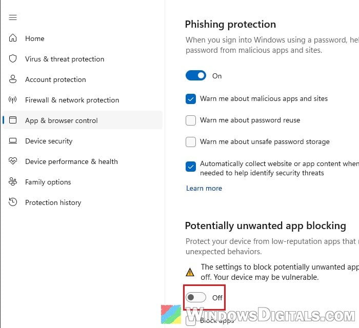 Potentially unwanted app blocking Windows Security Windows 11