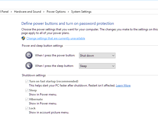 Power options Change settings that are currently unavailable