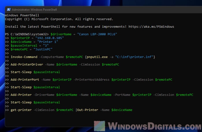 PowerShell add printer to remote computer