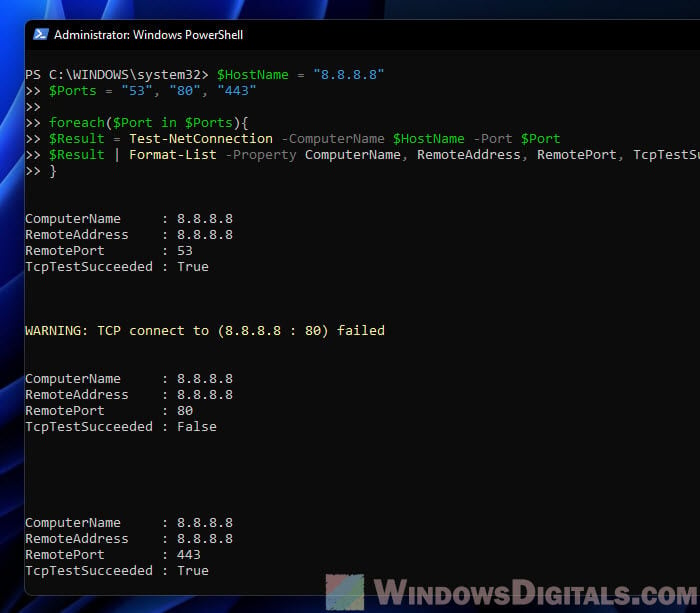 PowerShell test multiple ports example
