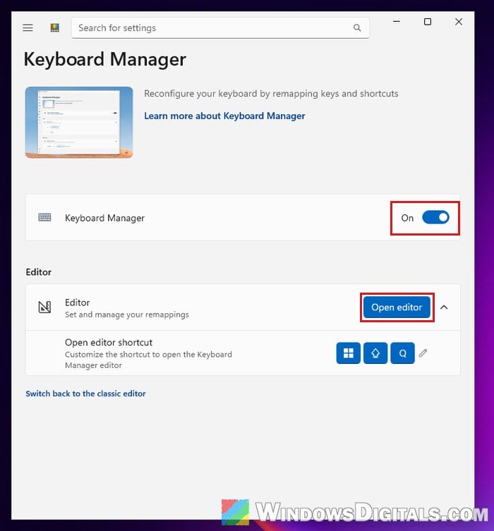 PowerToys Keyboard Manager Open editor Windows 11