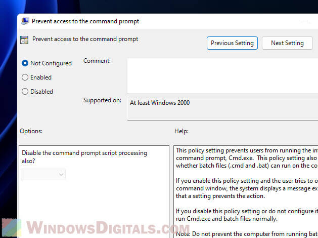 Prevent access to Command Prompt Windows 11