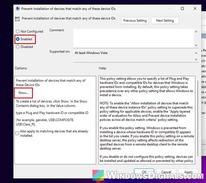 Prevent installation of devices that match any of these device IDs Windows 11