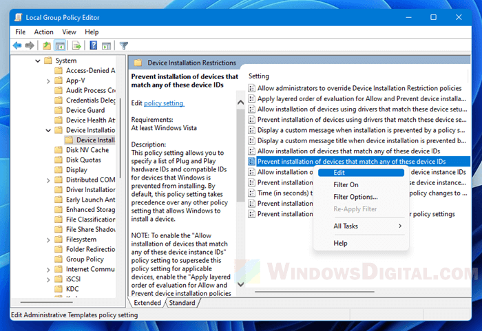 Prevent installation of devices that match any of these device IDs