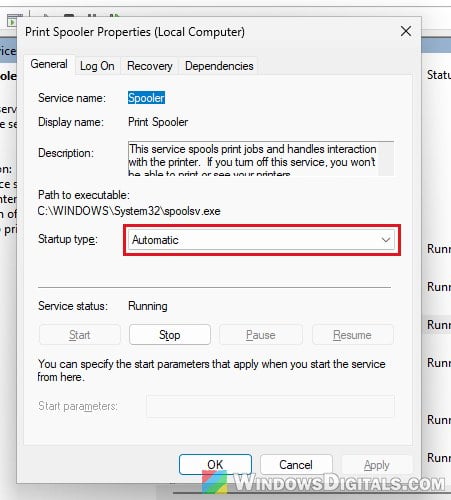 Print Spooler startup type Automatic Windows 11