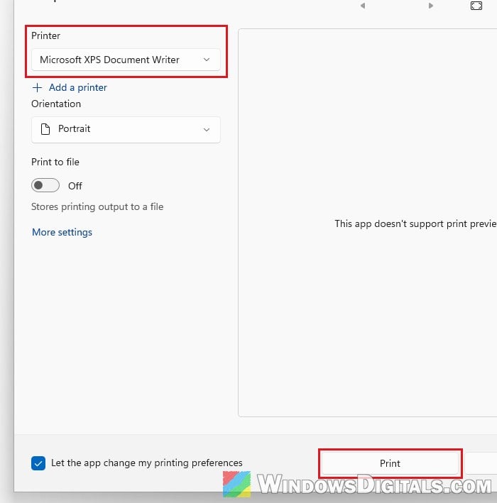 Print to Microsoft XPS Document Writer from Notepad Windows 11
