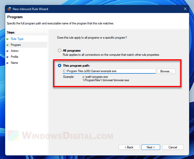 Program path Inbound Rule Wizard Windows 11 Firewall