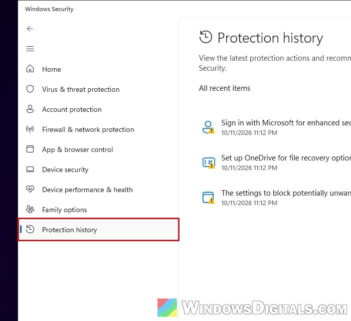 Protection history in Windows Security Windows 11