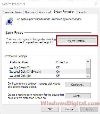 Protection system restore Windows 10