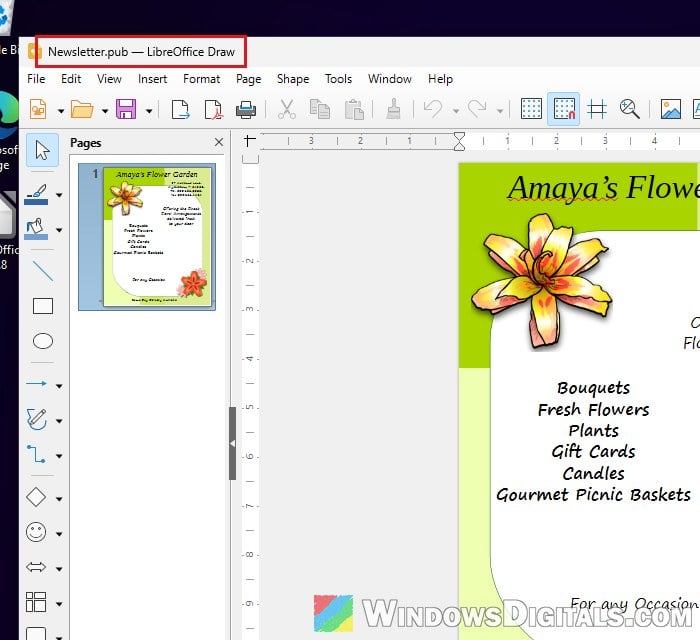 Pub file opened in LibreOffice Draw Windows 11