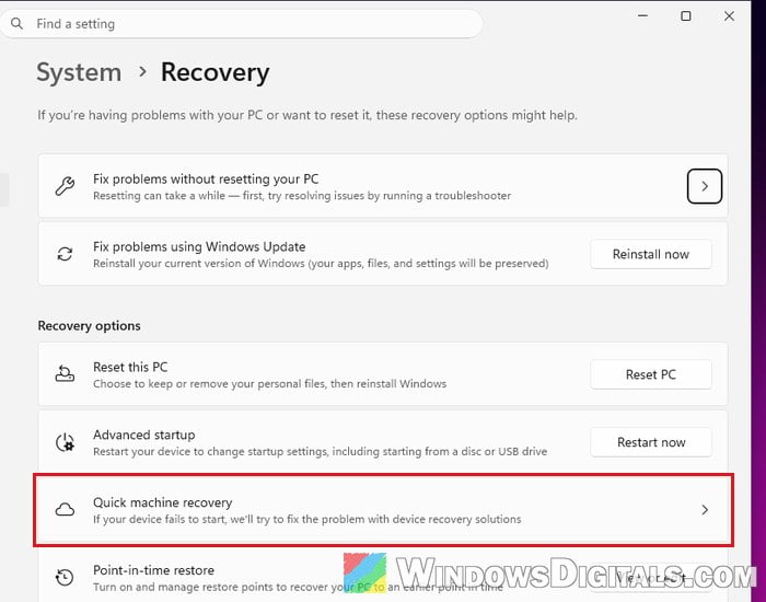 Quick machine recovery in Windows 11 Recovery settings