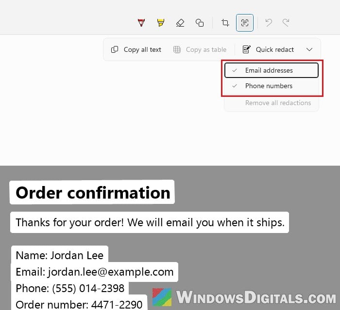 Quick redact email addresses and phone numbers options in Snipping Tool