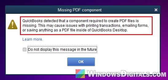 QuickBooks Missing PDF component error