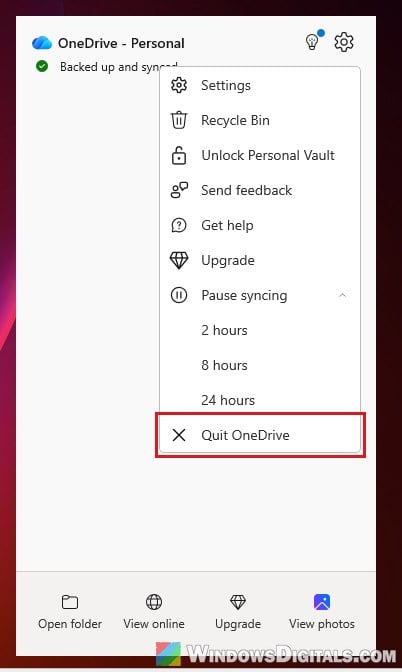 Quit OneDrive Windows 11 notification area