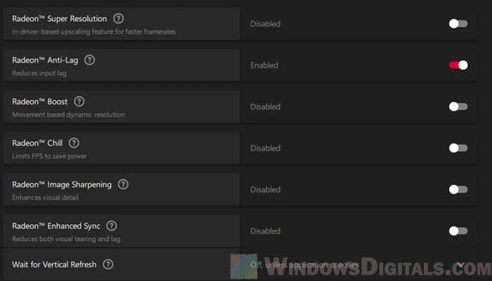 Radeon Boost, Chill and Anti-Lag Settings