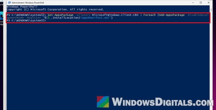 Re-register MicrosoftWindows.Client.CBS PowerShell Windows 11