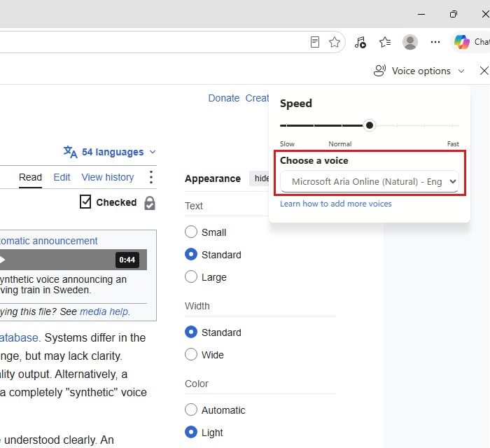 Read Aloud Voice options in Microsoft Edge