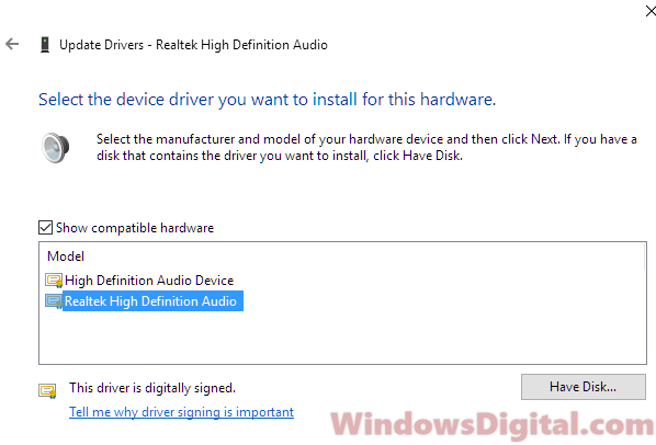 Realtek High Definition Audio Device not working Windows 10