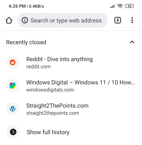 Recently closed tab Android Chrome mobile