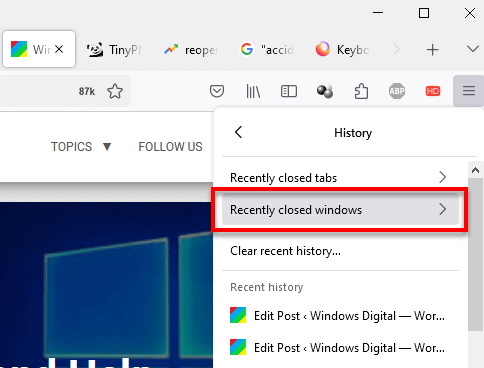 Recently closed windows Firefox