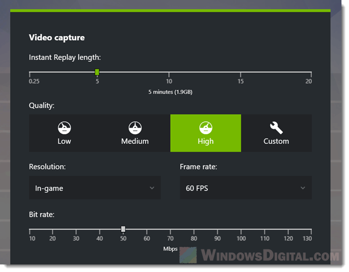 Change screen recording video quality, resolution and frame bit rate