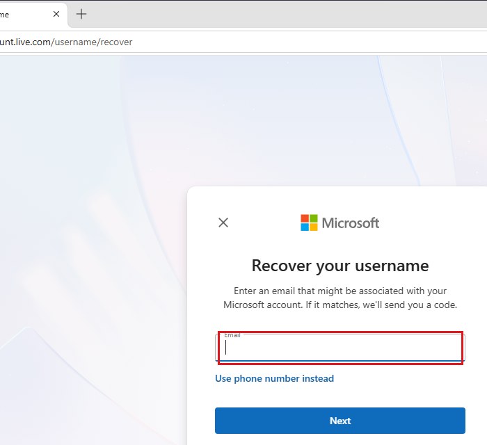 Recover your Microsoft account username page