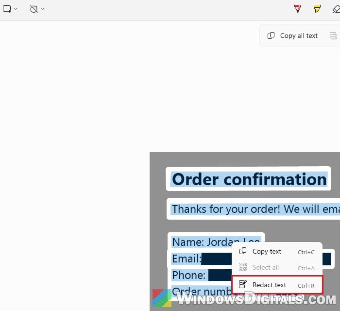 Redact text option in Snipping Tool right-click menu