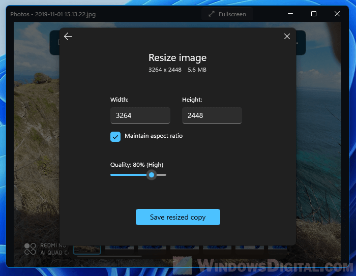 Reduce photo file size by resize in Windows 11