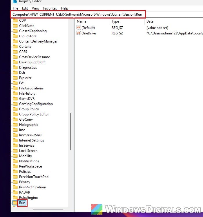 Registry Editor Run key Windows 11