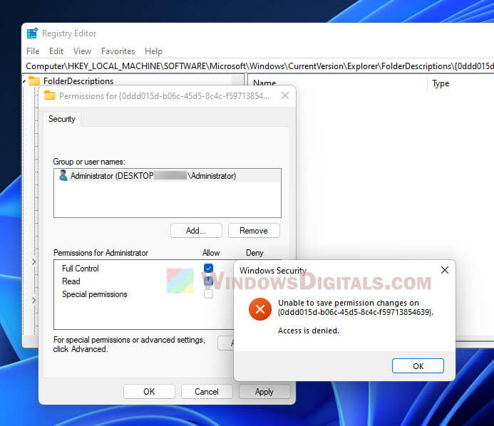 Registry Unable to save permission changes on Access is denied