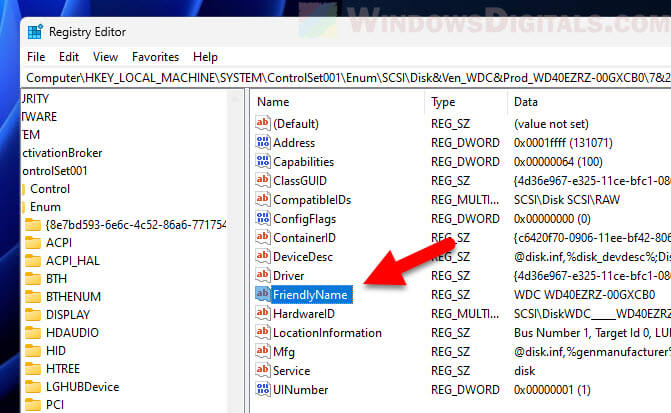 Registry editor FriendlyName Windows 11
