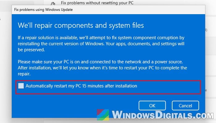 Reinstall current version of Windows 11 restart option