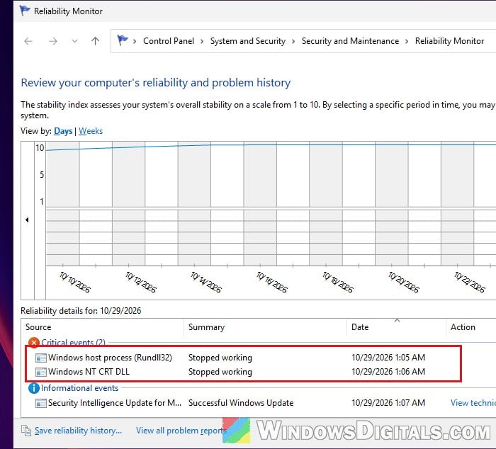 Reliability Monitor app crashes Windows 11