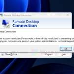 Remote Desktop A user account restriction time-of-day restriction preventing logging in