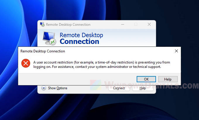 Remote Desktop A user account restriction time-of-day restriction preventing logging in