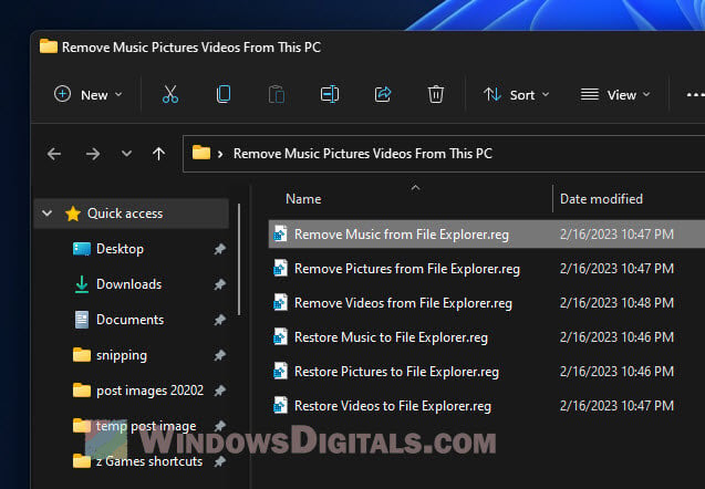 Remove Music Pictures Videos from File Explorer Windows 11
