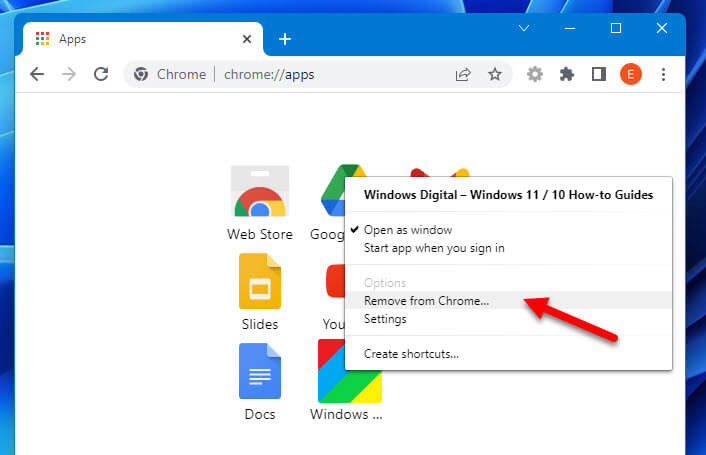 Remove a Chrome application shortcut