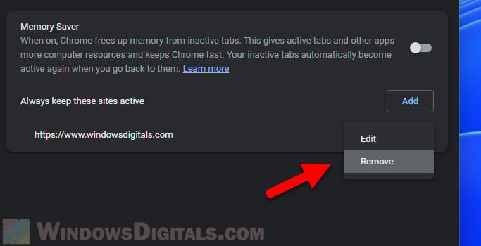Remove a site from being kept active in Chrome