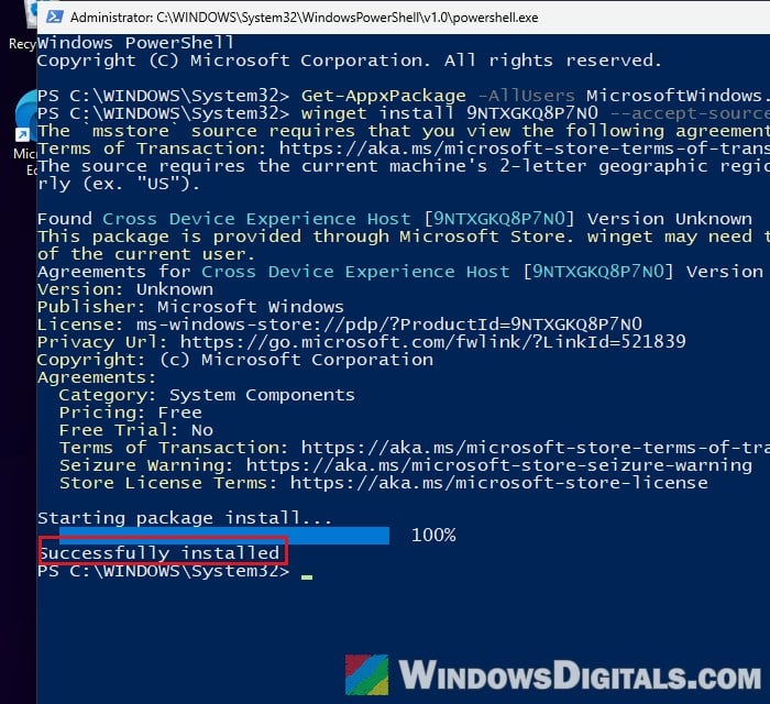 Remove and reinstall MicrosoftWindows.CrossDevice PowerShell Windows 11