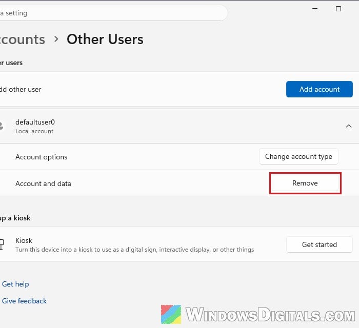 Remove defaultuser0 account in Windows 11 Settings
