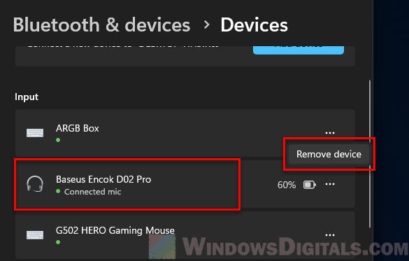 Remove device Bluetooth headphones in Windows 11