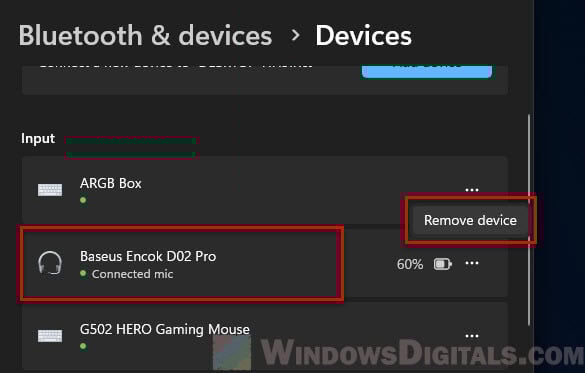 Remove device Bluetooth headphones in Windows 11