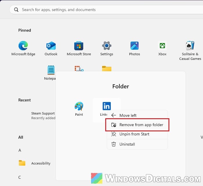 Remove from app folder option in Windows 11 Start menu
